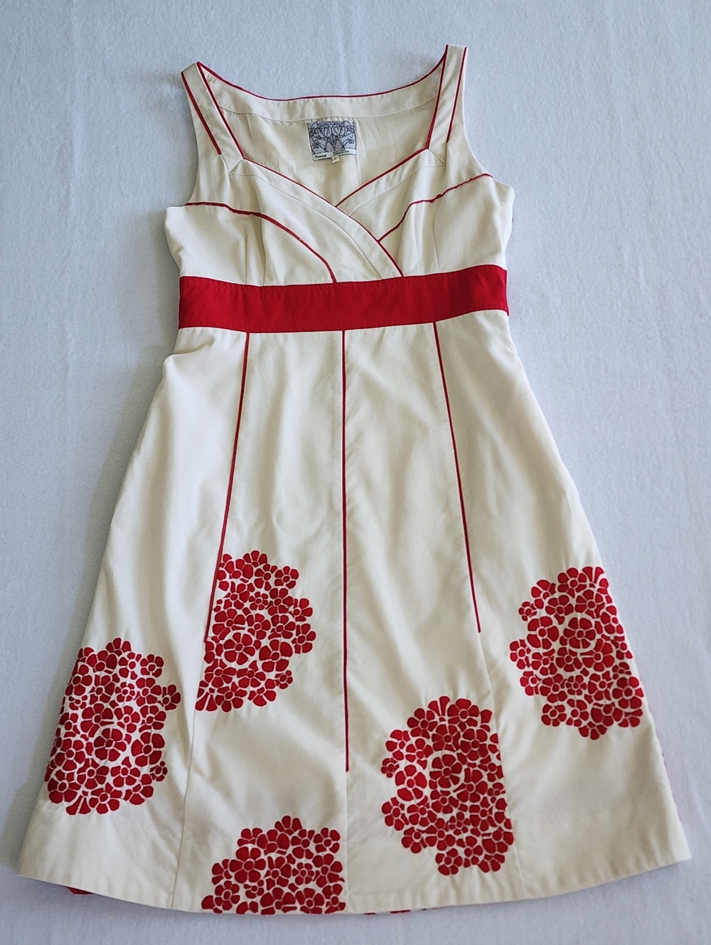 Floreat Anthropologie Floral Embroidered Fit Flare Dress Ivory Red Size 6